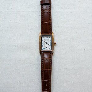 y2k gold rectangle vintage watch w/ brown leather strap